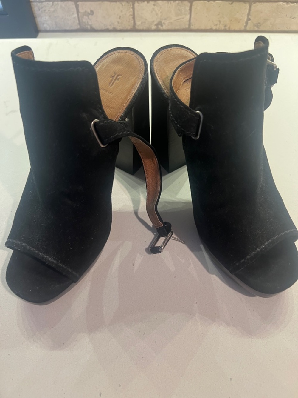 Frye Black Suede Open-Toe Block Heel Mules